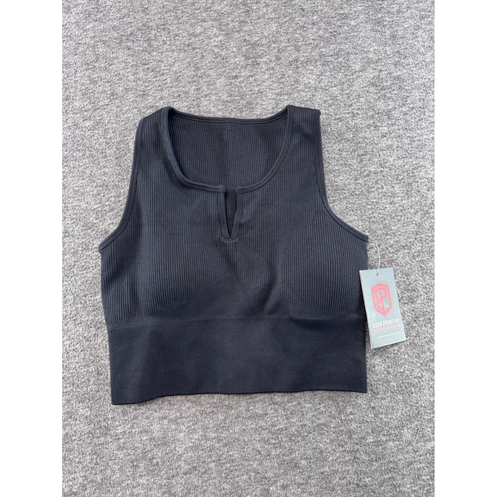 Born Primitive Black Seamless Ribbed Crop Tank Top Notched Neck Athleisure NWT